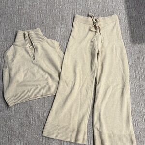 Boutique Beige Knit Sweater vest and Wide-Leg Pants Set